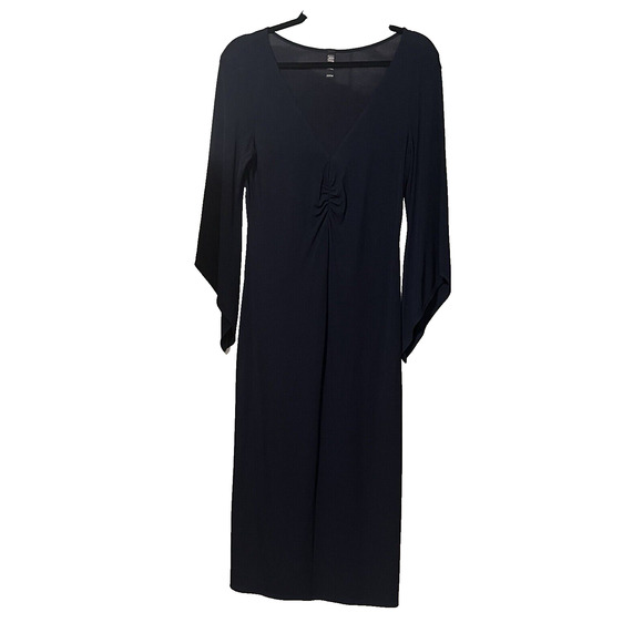 Witchy Midi Dress Black Ruched V Neck Goth Minimalist Asymmetric Sleeve SZ 10 - Picture 1 of 11